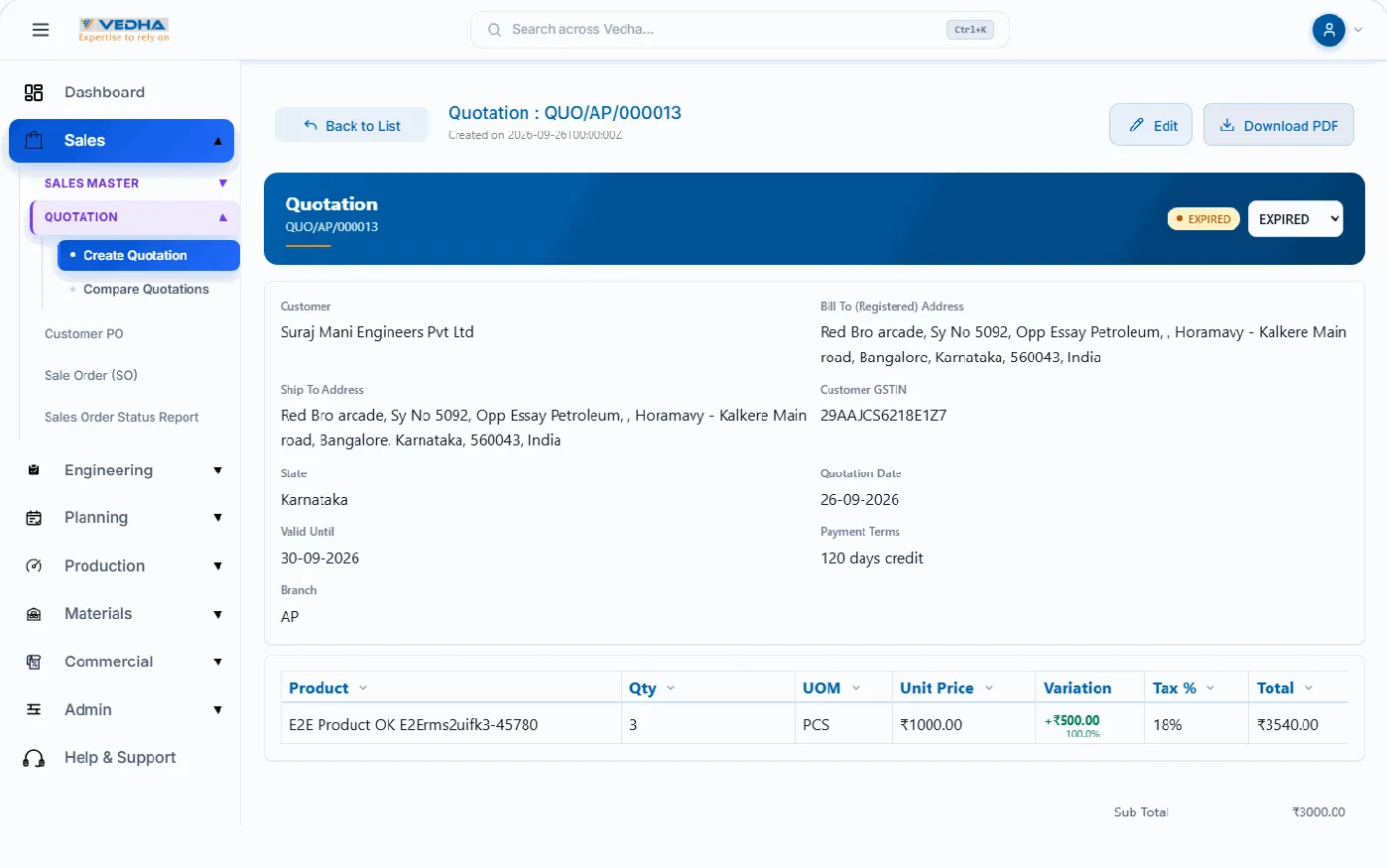 Vedha ERP quotation screen
