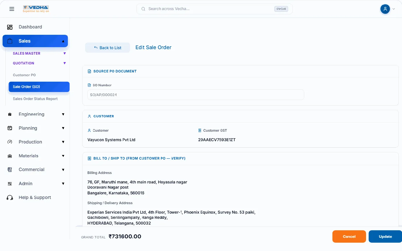 Vedha ERP sale order screen